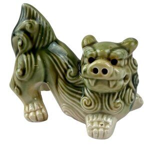 Vintage Ceramic Foo Dog Lion Shishi Figurine Green Blue & Cream Detailed EUC